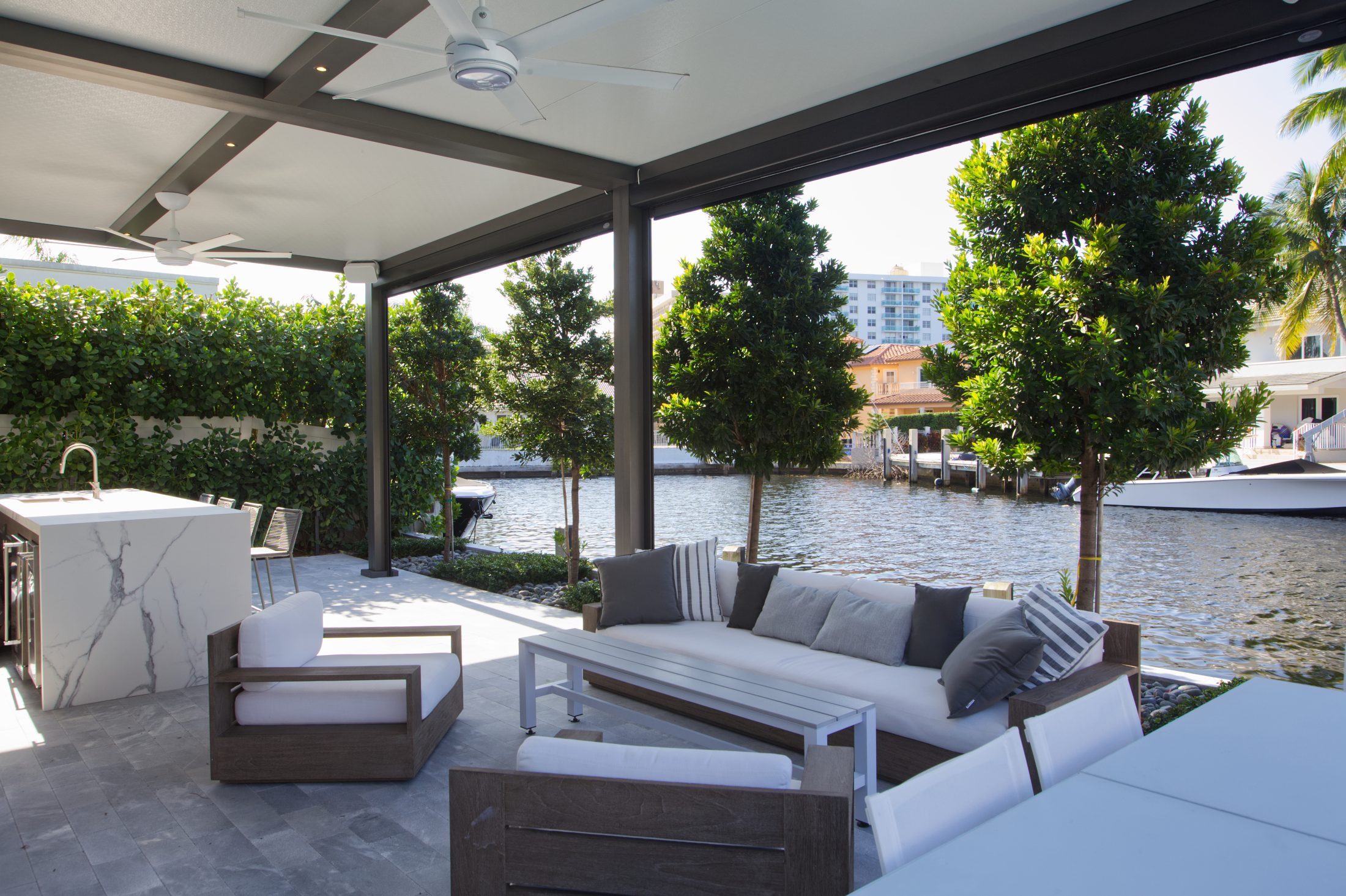 R-Shade gray and white louvered pergola