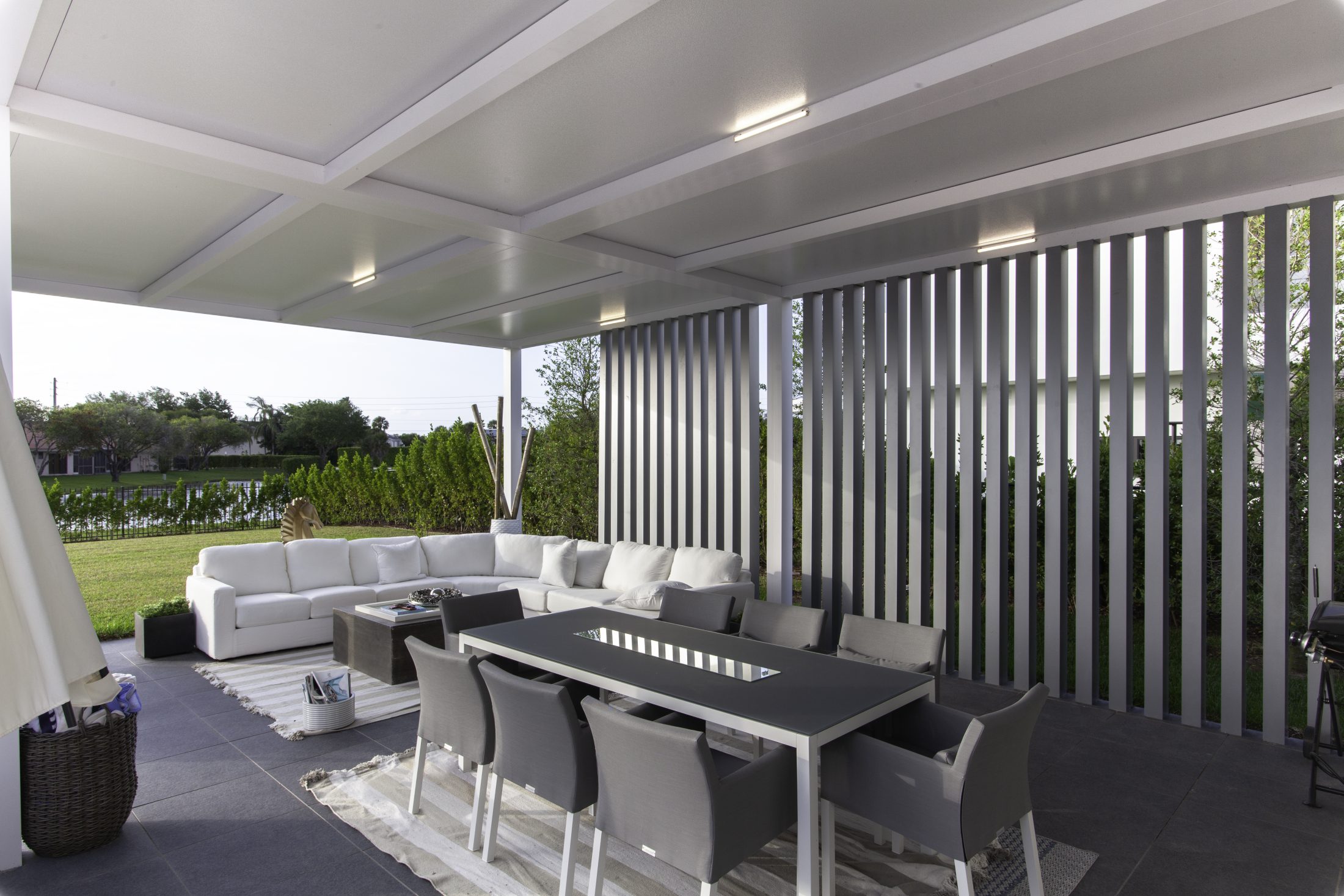 R-Shade pergola over outdoor entertaining area